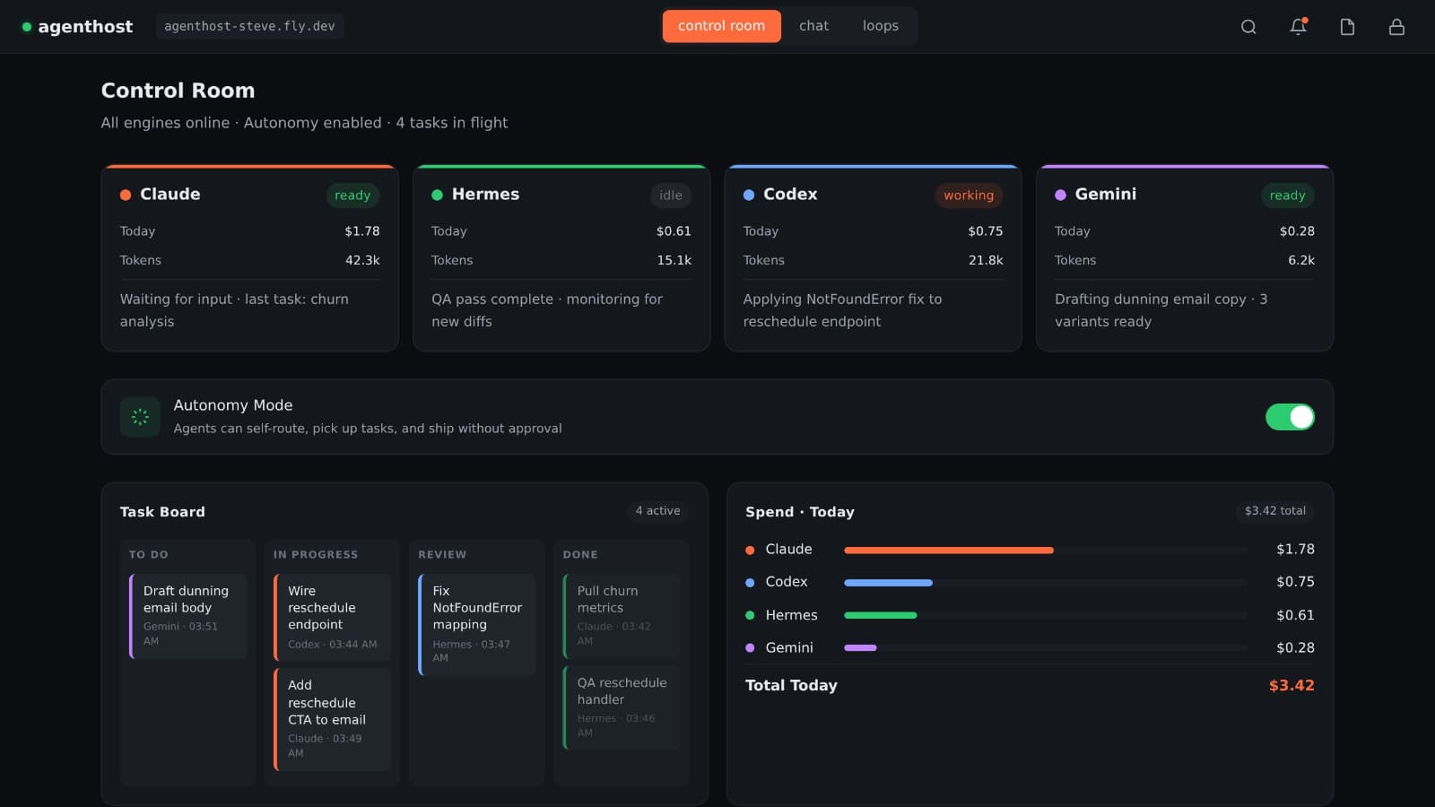 AgentHost one-room chat interface showing Growth Mode agents